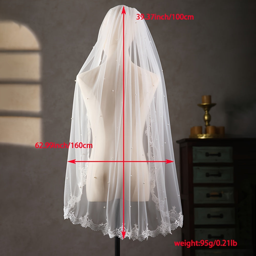 Lace Bridal Veil with Faux Pearl Accents for Weddings