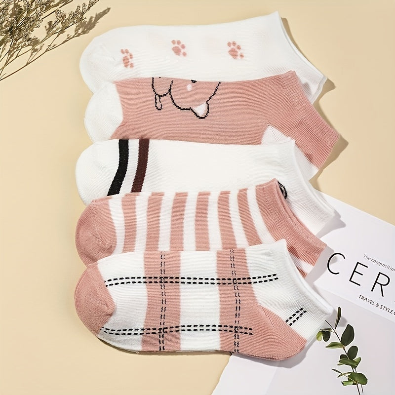 5 Pairs Striped Crew Socks Comfy Low Cut Ankle Socks Women's Stockings