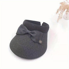 Bow Decor Sun Visor Hat Casual UV Protection Foldable Straw Sun Hat