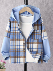 Girls' Classic Hooded Plaid Jacket Long Sleeve Button Up Outwear