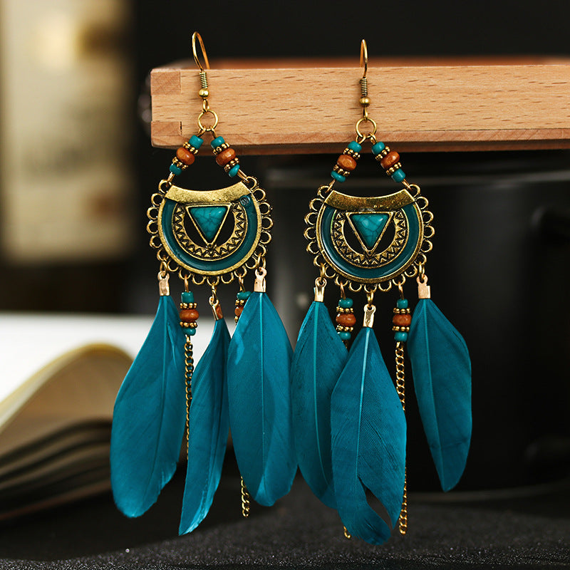 Boho Feather Rice Beads Earrings for Women