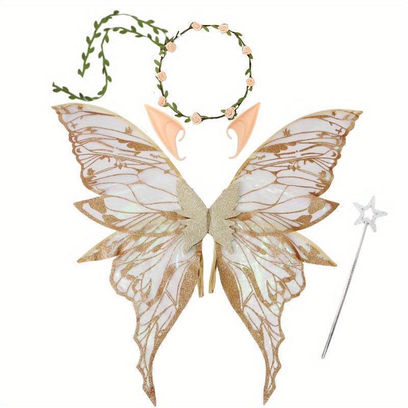 4pcs Fairy Wings Flower Crown Magic Wand Elf Ears Women Role Play Themed Parties