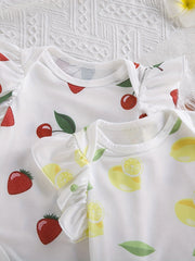 2pcs Baby Girls Fruit Graphic Print Ruffle Sleeve Onesie Set Clothes