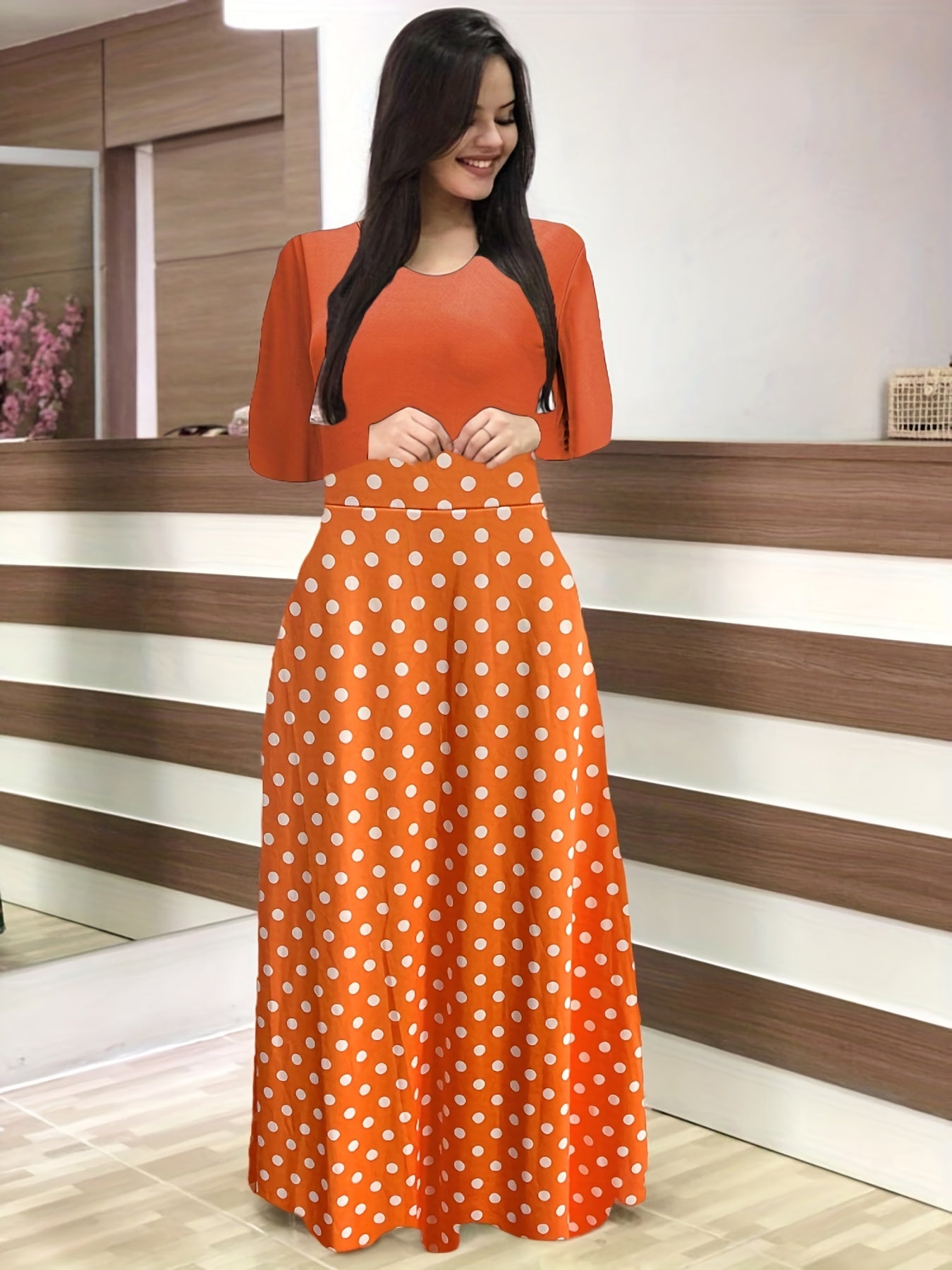Polka Dot High Waist Maxi Dress Long Sleeve Crew Neck Women's Clothing