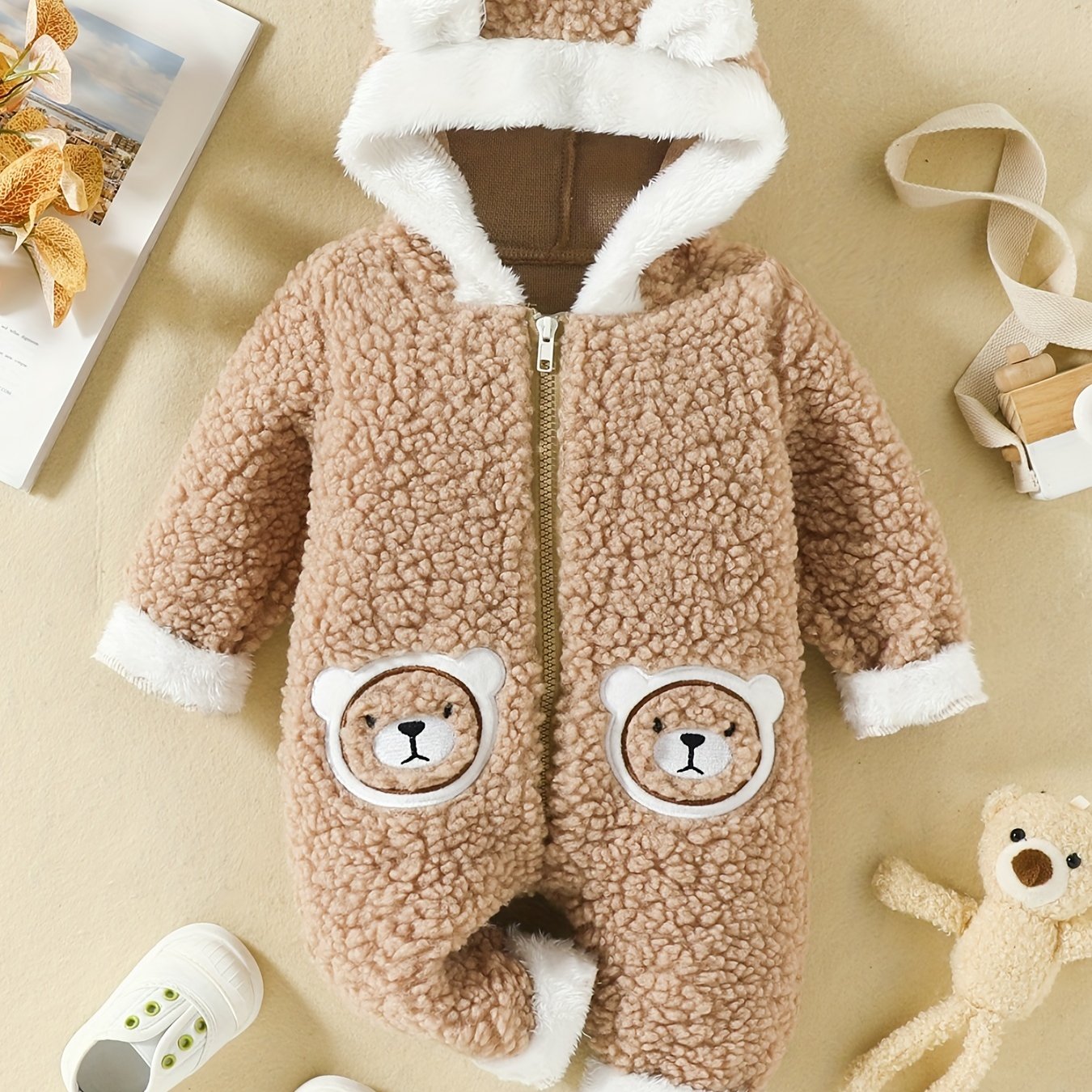 Furry Bear Hooded Baby Jumpsuit with Ears