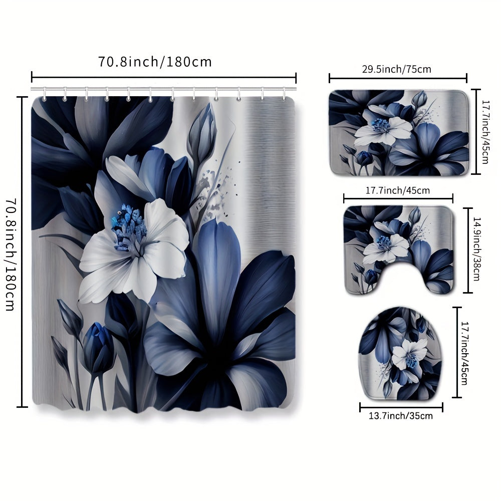 Flower Shower Curtain & Rug Set with 12 Hooks