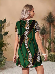 Random Print Crew Neck Casual Dress For Summer & Spring Women's Clothing