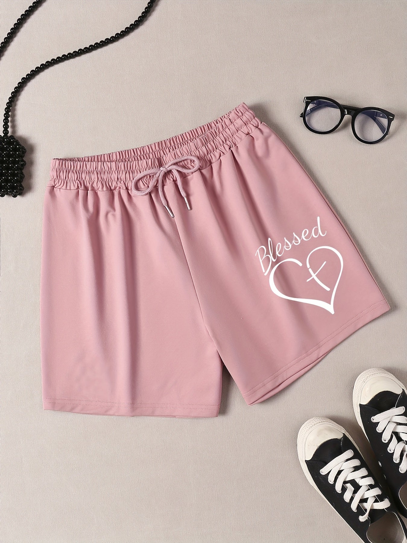 Women's Plus Cross Heart & Letter Drawstring Shorts