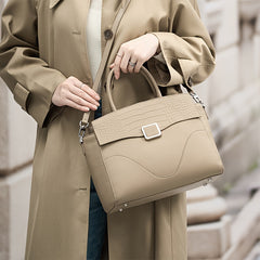 Vintage Leather Handbag for Women Gray Tote with Zipper Closure