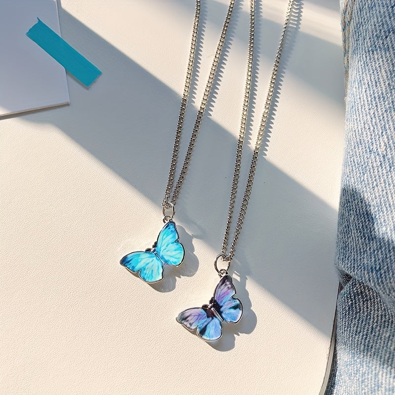 Gradient Butterfly Pendant Necklace Colorful Clavicle Chain