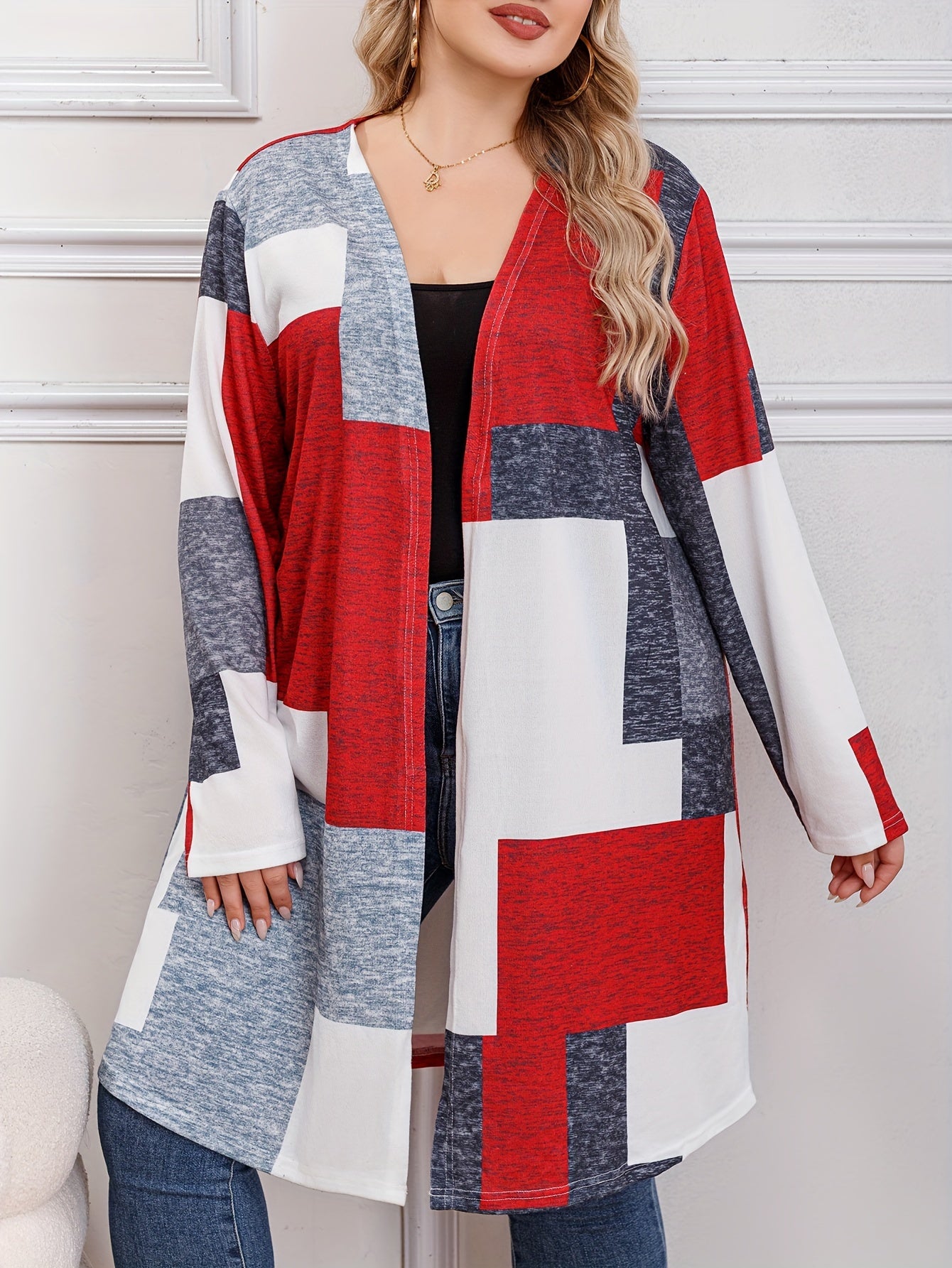 Colorblock Geometric Print Open Front Cardigan