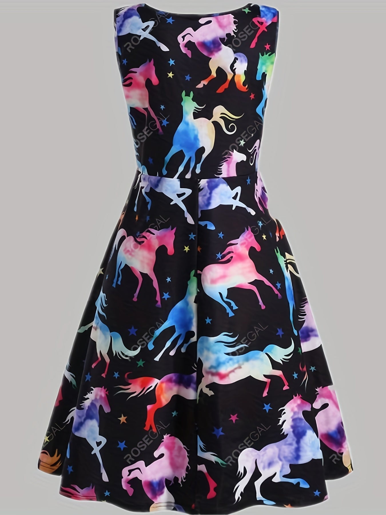 Tank Dress Ombre Horse & Star Print Round Neck A line