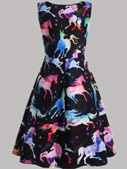 Tank Dress Ombre Horse & Star Print Round Neck A line