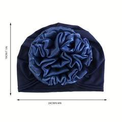 Navy Elastic Turban Hat 3D Flower Pleated Chemo Cap Head Wrap Bonnet