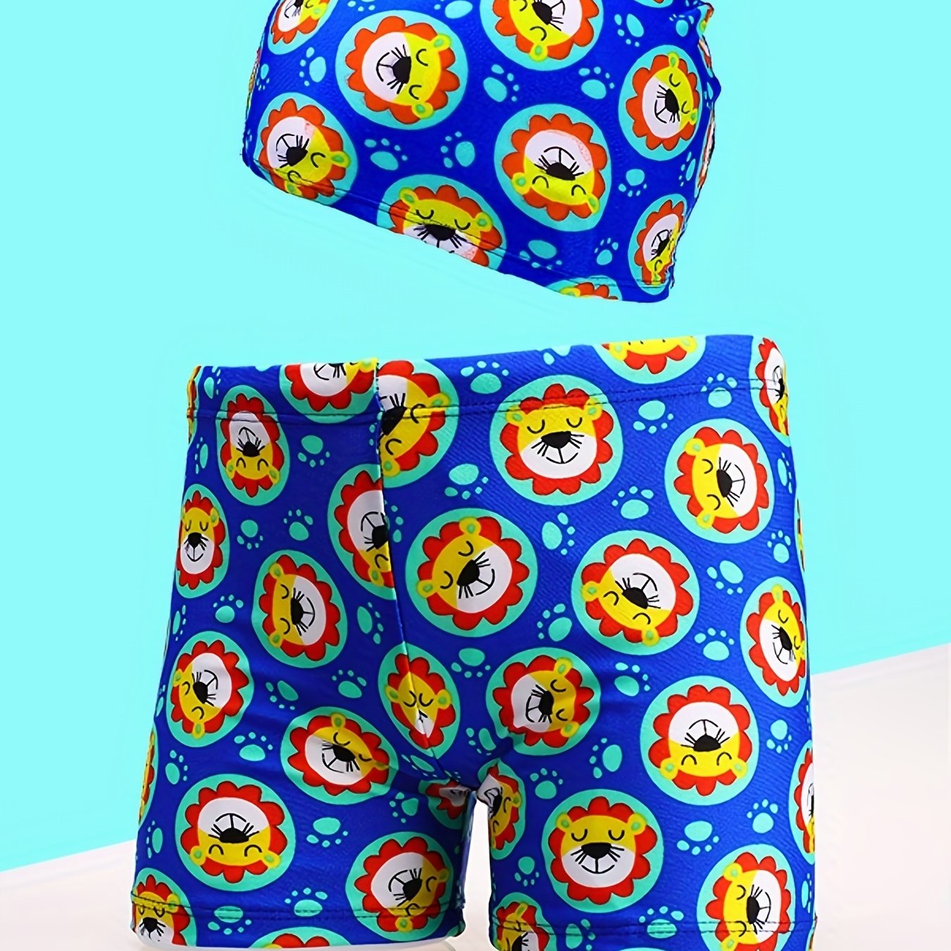 Boys Lion Head Swim Trunks & Cap Quick Drying for Beach Vacation Bath