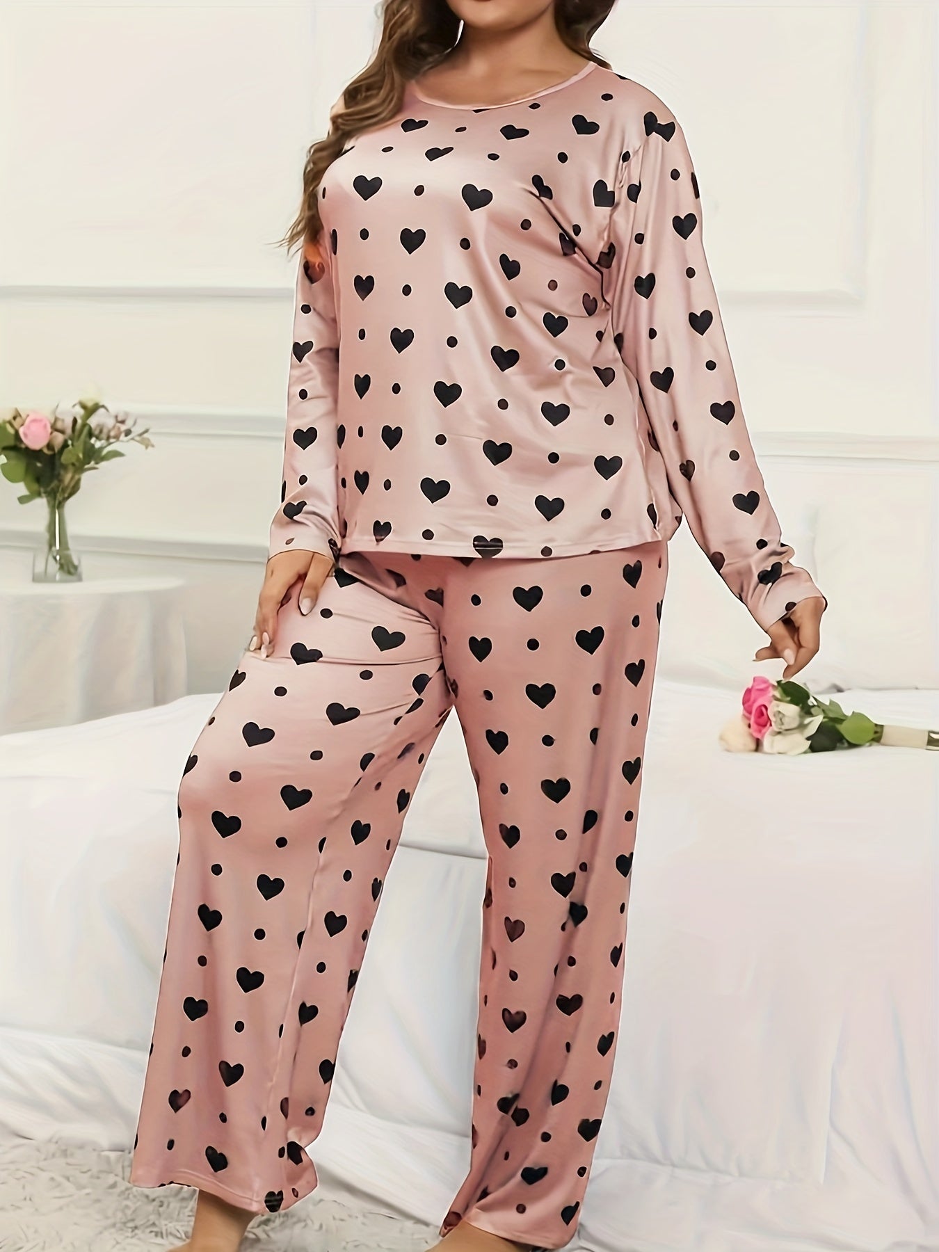 Heart & Polka Dot Print Long Sleeve Pajamas Set