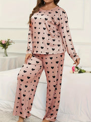 Heart & Polka Dot Print Long Sleeve Pajamas Set
