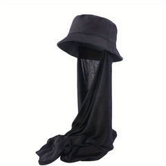 Women Bucket Cap With Hijab Solid Casual Basin Hat Breathable Scarf