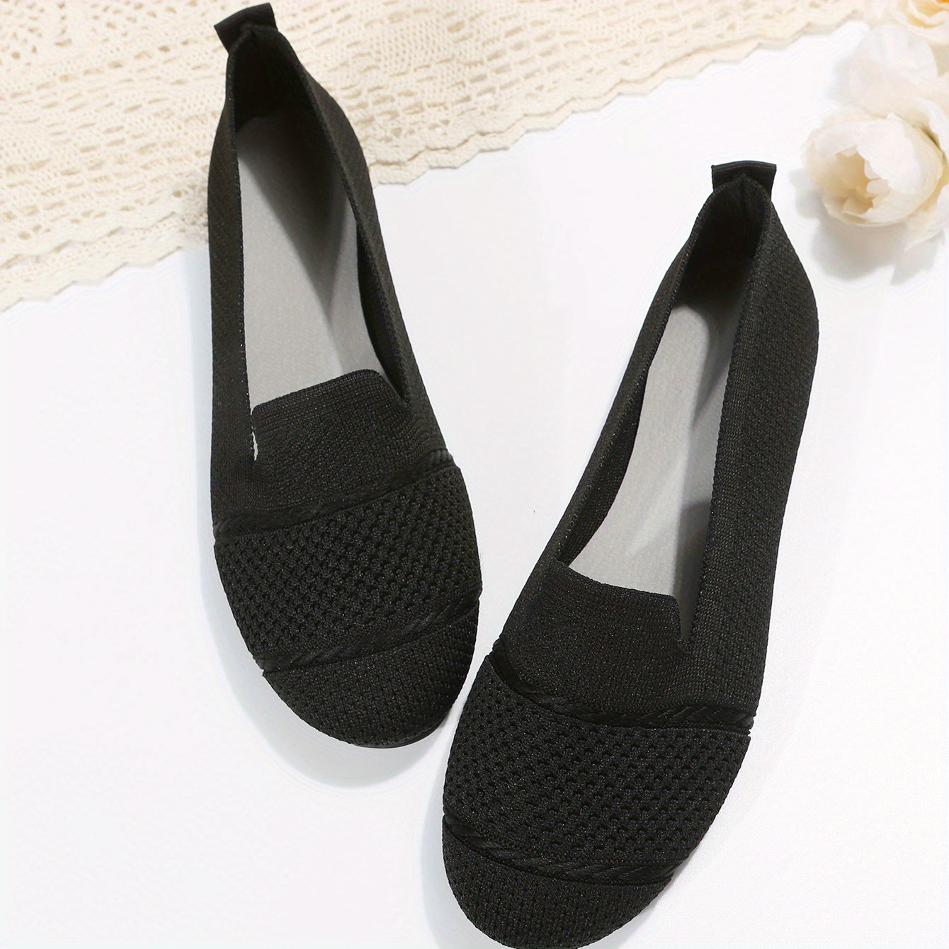 Women's Knitted Ballet Flats Soft Sole Slip On Shoes Almond Toe
