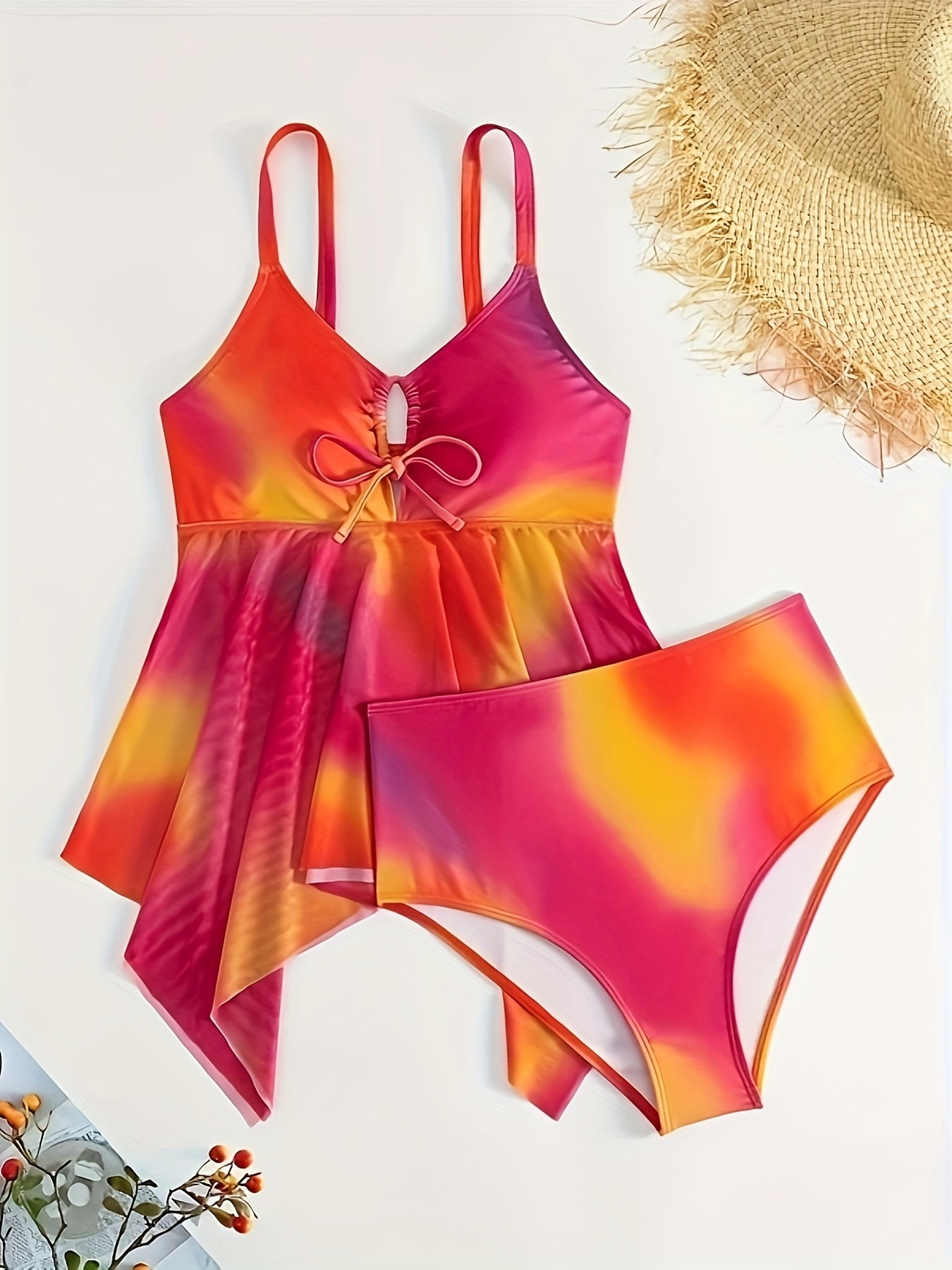 Ombre Hollow Out Bow Tie Tankini Set Spaghetti Strap Top & Skirted High Waist