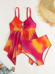 Ombre Hollow Out Bow Tie Tankini Set Spaghetti Strap Top & Skirted High Waist