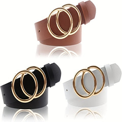 3pcs Double O shaped Buckle PU Leather Belt Pants Decorative Accessories