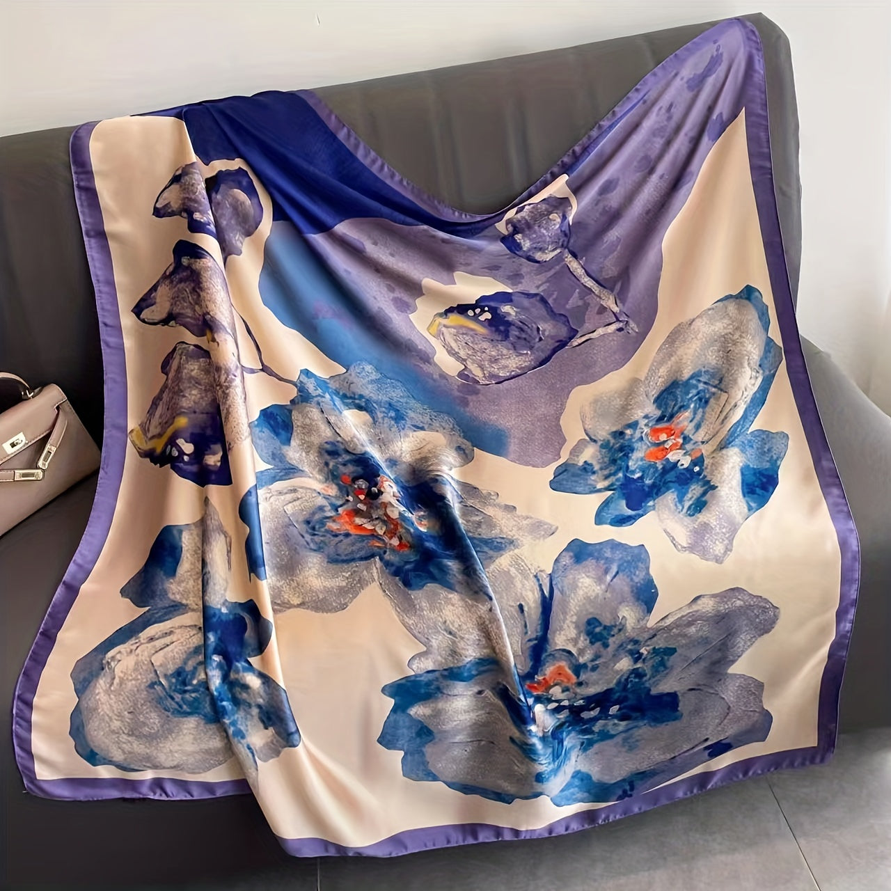 Vintage Flower Print Satin Shawl Square Scarf