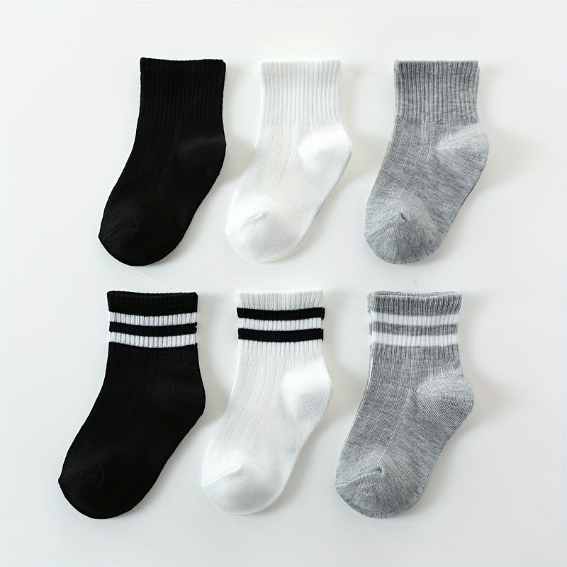 3 Pairs Boys Kids Striped Solid Socks For School Students Breathable Comfy