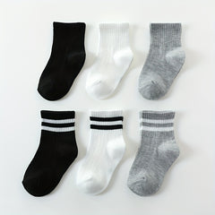 3 Pairs Boys Kids Striped Solid Socks For School Students Breathable Comfy