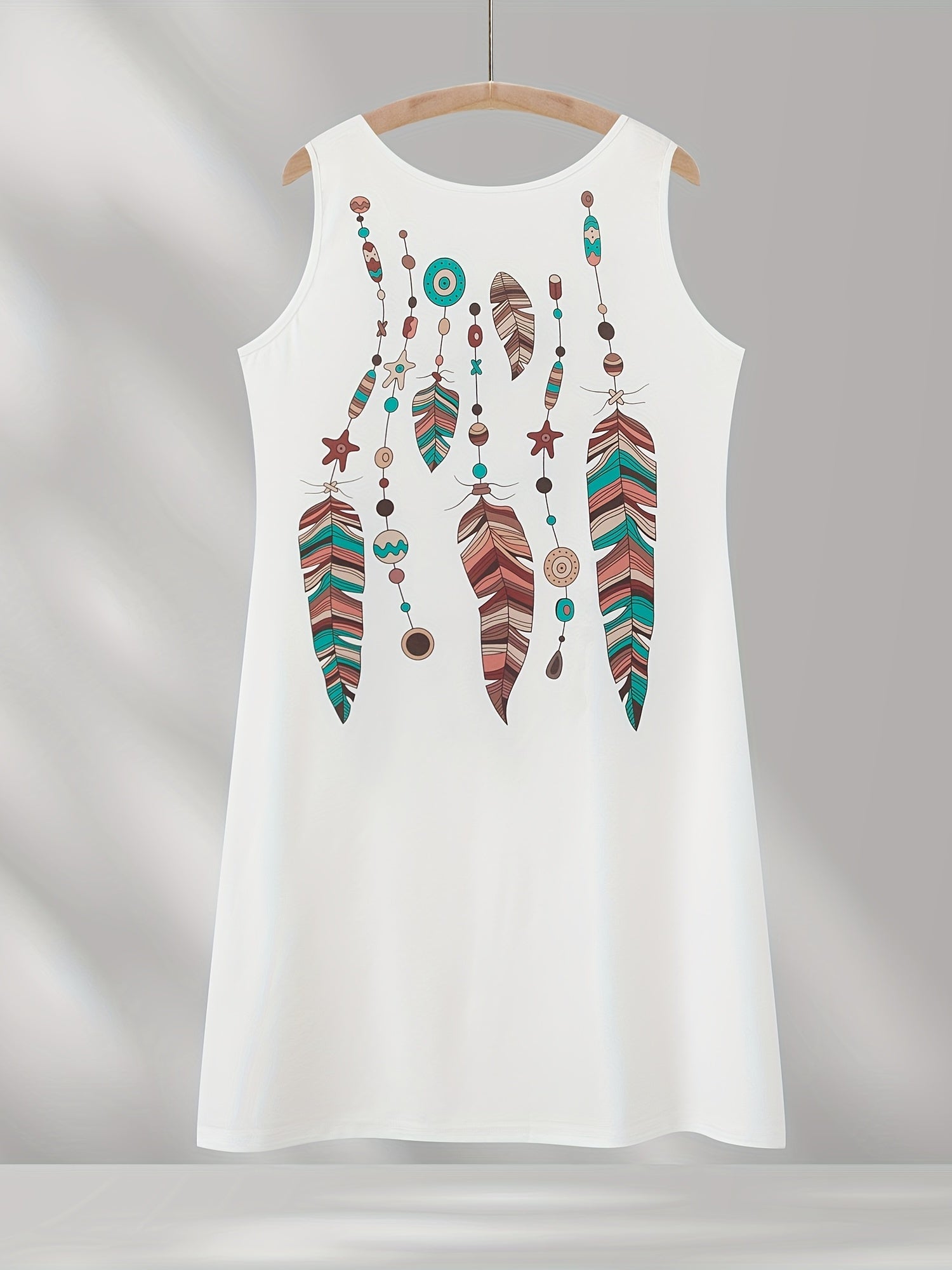 Casual Tank Dress Women's Plus Feather Print Round Neck Slight Stretch