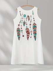 Casual Tank Dress Women's Plus Feather Print Round Neck Slight Stretch