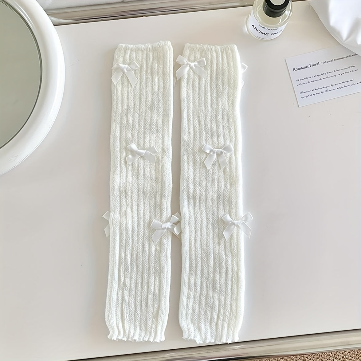 Bow Knitted Leg Warmers & Knee High Socks Women's Stockings