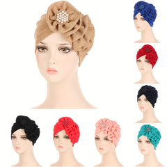 Lotus Turban Beanie Head Scarf with Faux Pearls