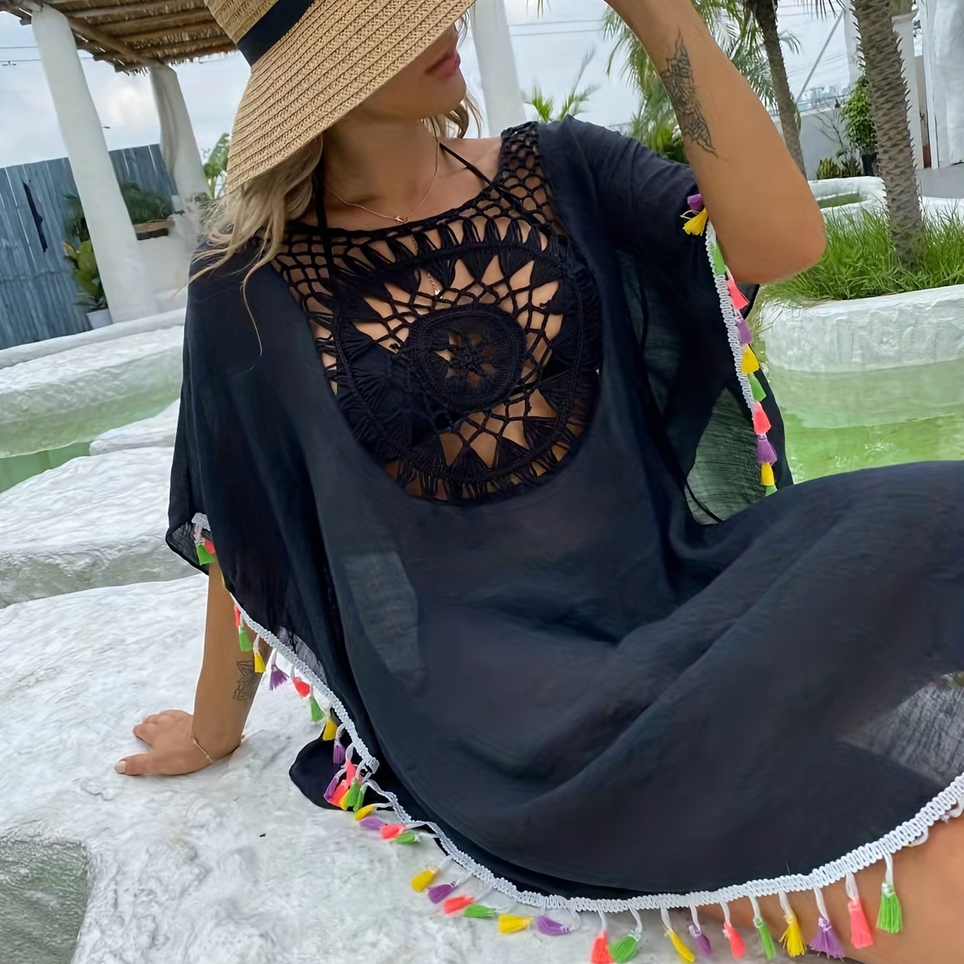 Boho Style Beach Cover Up Dress with Tassel Trim