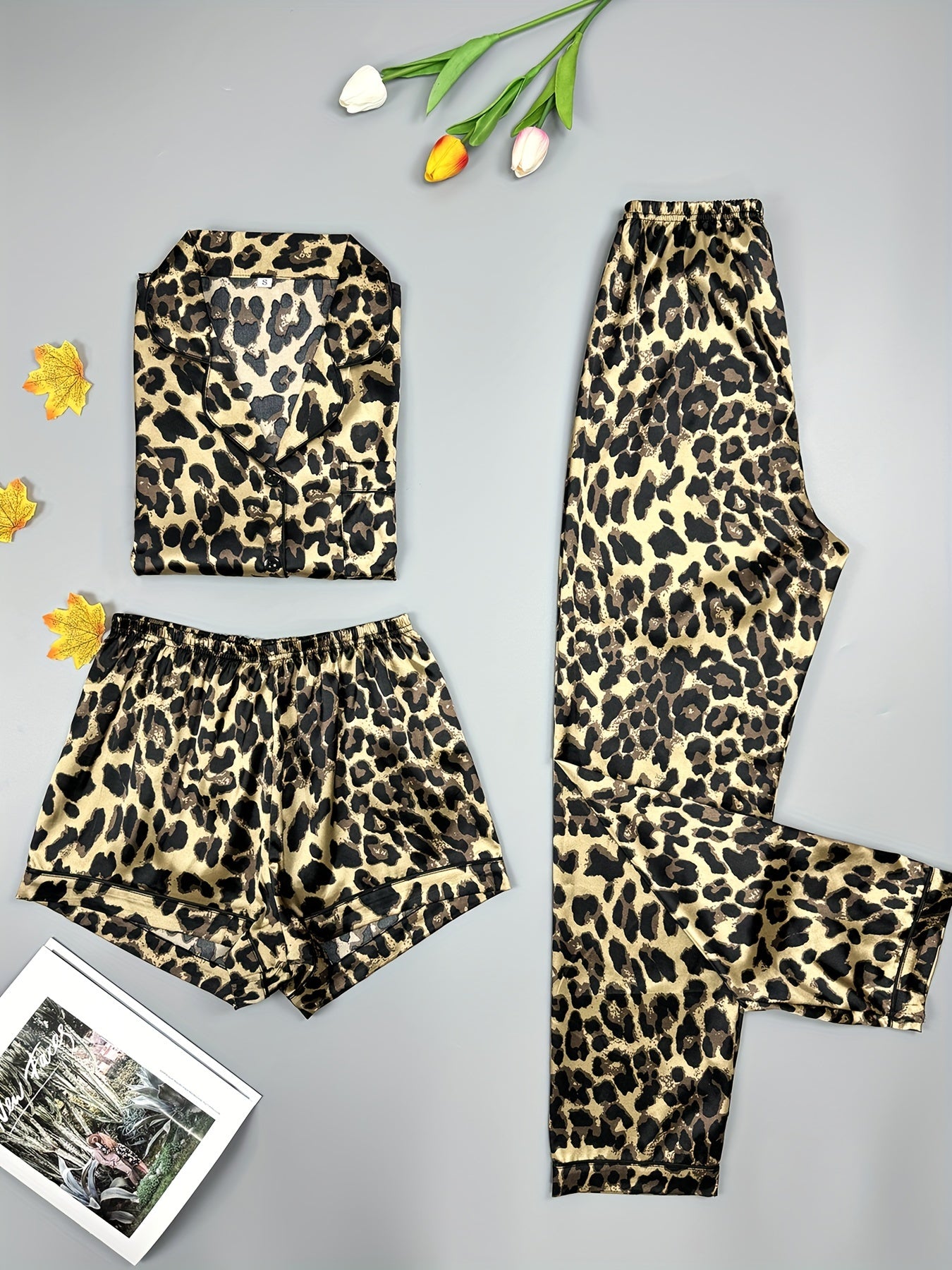 Leopard Print Pajama Set Short Sleeve Top & Shorts & Pants