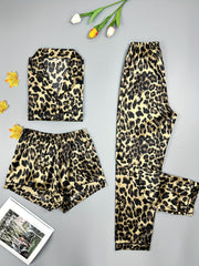 Leopard Print Pajama Set Short Sleeve Top & Shorts & Pants