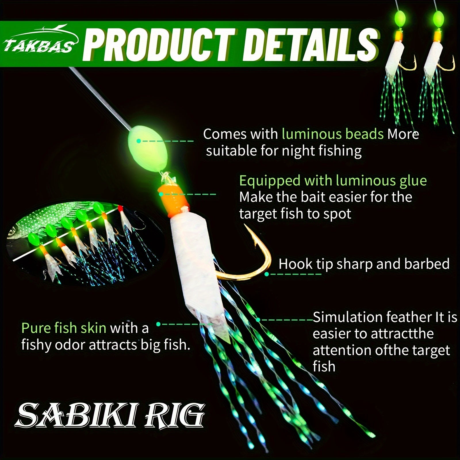 Sabiki Rigs Saltwater Fishing Bait Real Fish Skin Feathered Hooks