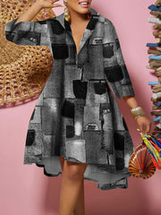 Denim Print Deep V Neck Midi Dress Women's Plus Slight Stretch