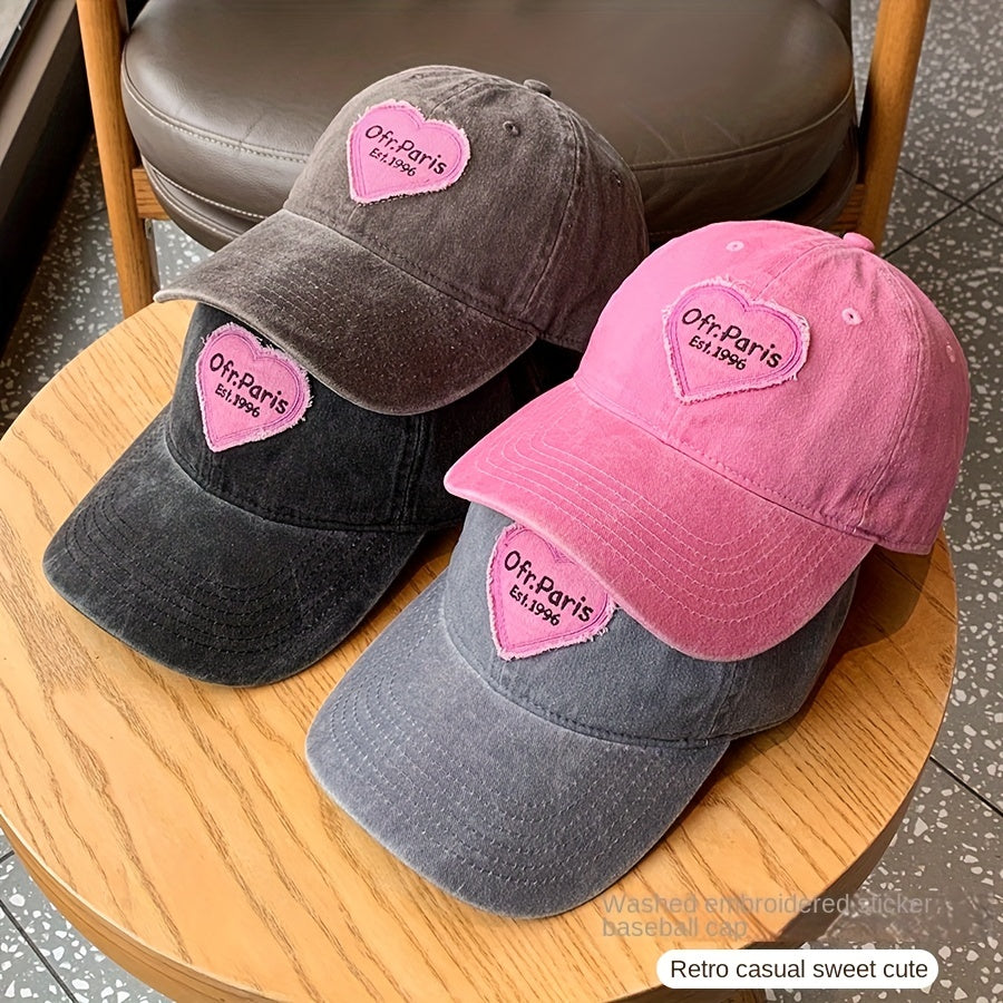 Vintage Heart Patch Baseball Cap Distressed Cotton Sun Hat