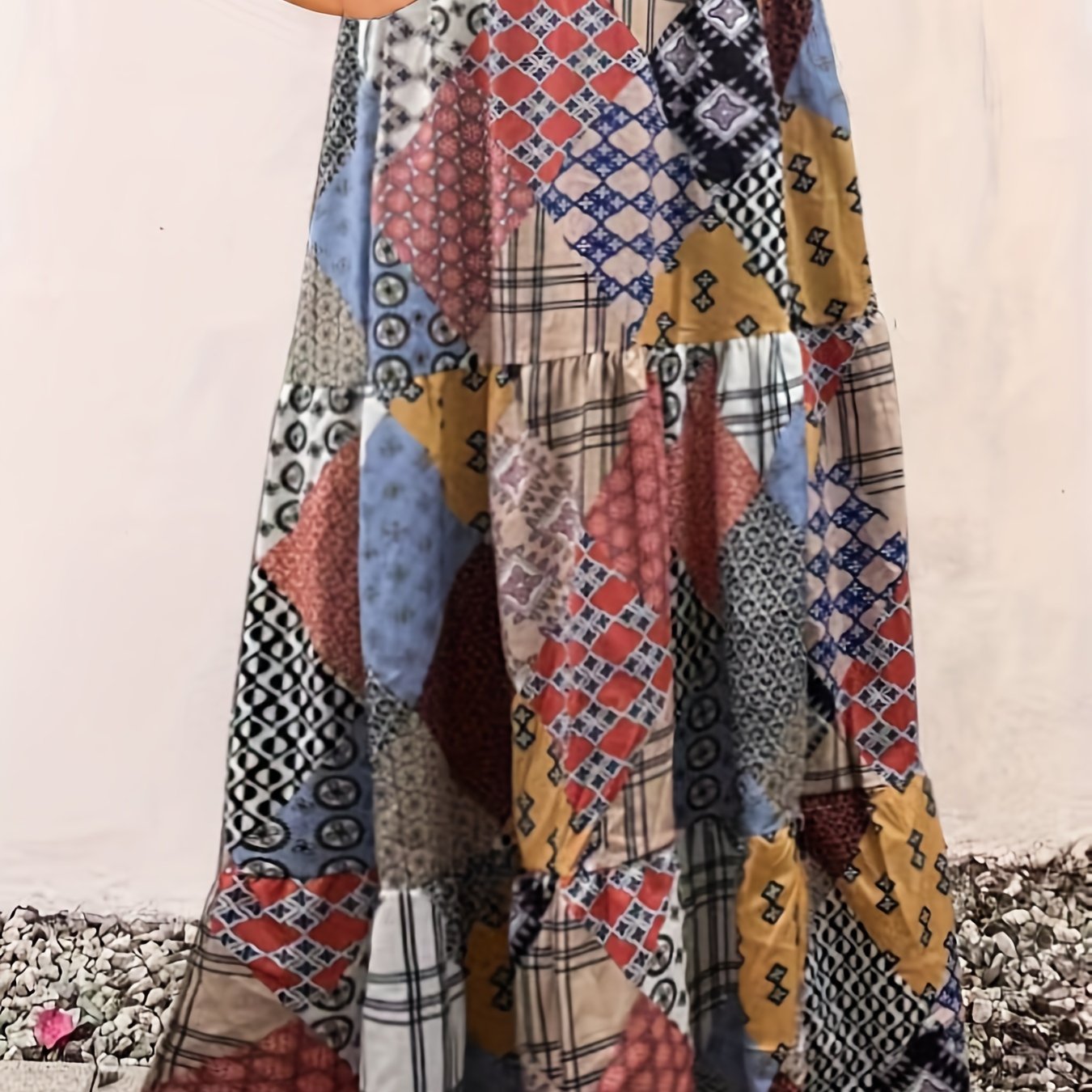 Patchwork Print High Rise Smock Maxi Skirt