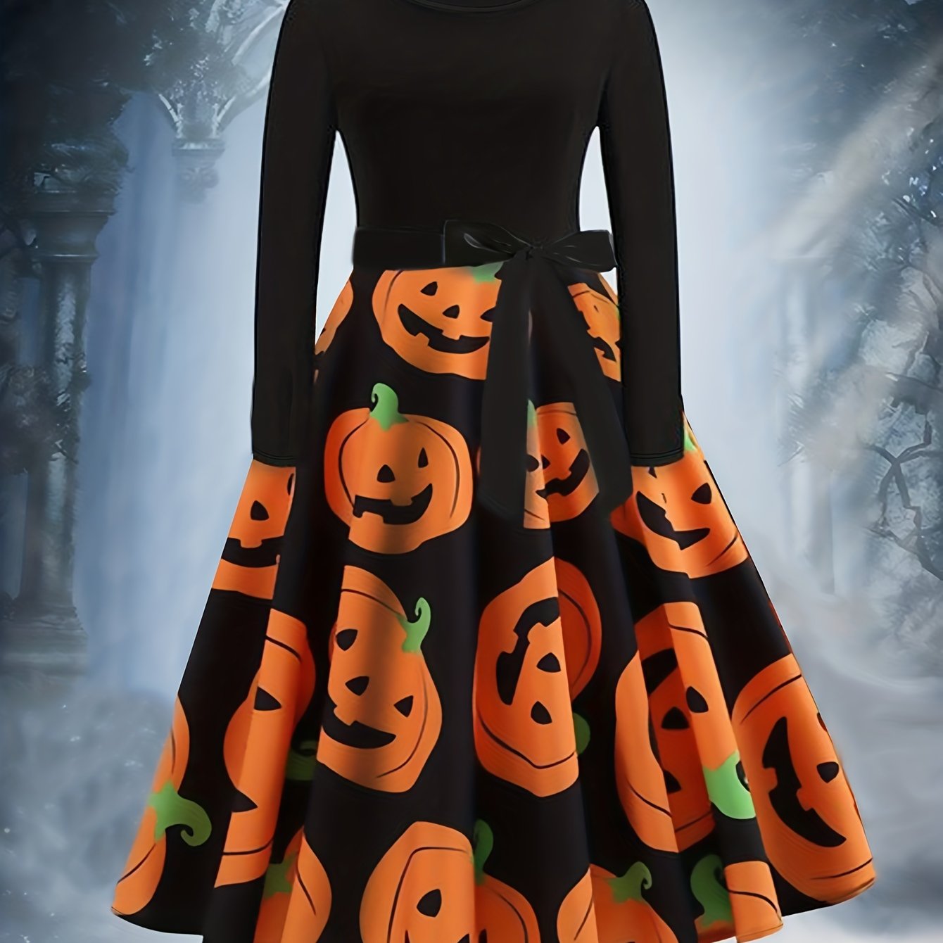 Pumpkin Print Long Sleeve A line Dress With Belt