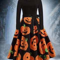 Pumpkin Print Long Sleeve A line Dress With Belt
