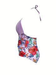 Sexy Swimsuit Women's Tropical Print Backless Halter One Piece