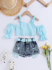 Girls Cold Shoulder Plaid Crop Top & Denim Shorts Set Summer Clothes