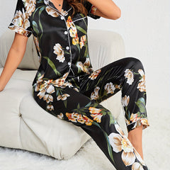 Floral Print Pajama Set Short Sleeve Buttons Top & Elastic Waistband Pants