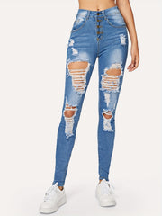 Distressed Skinny Jeans Button Fly Stretchy Denim Pants