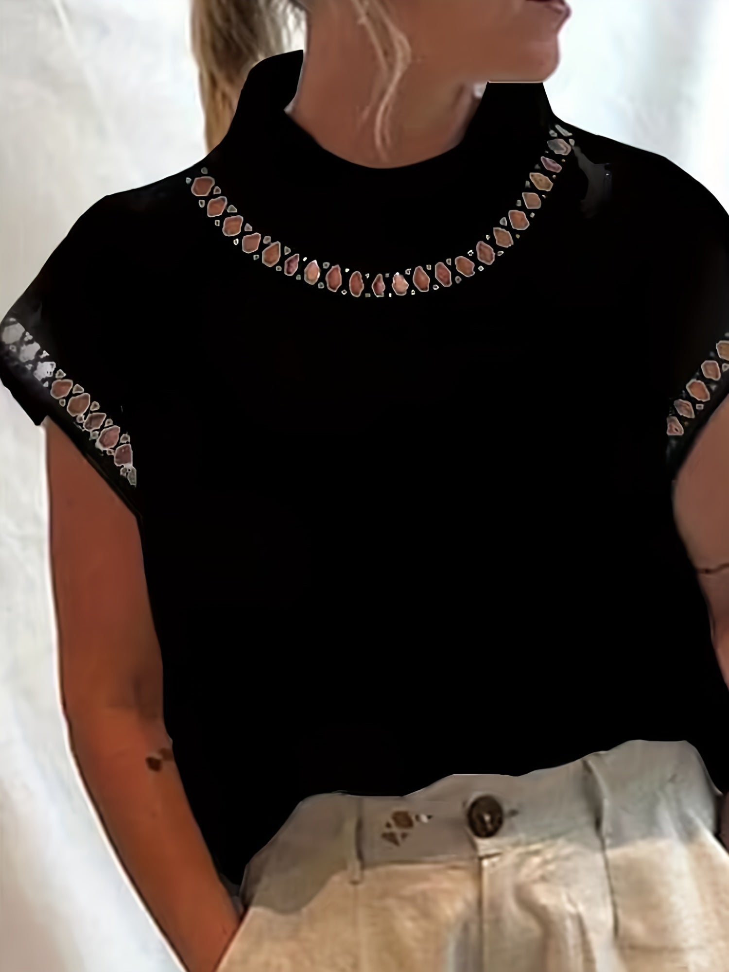 Casual Blouse Women's Plus Eyelet Embroidered Cap Sleeve Blouse