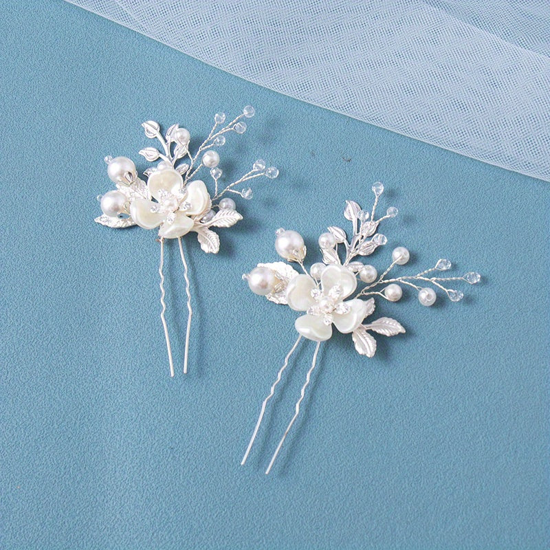 2pcs Leaf Faux Pearl Crystal Hairpin for Wedding Bridal Hair Access