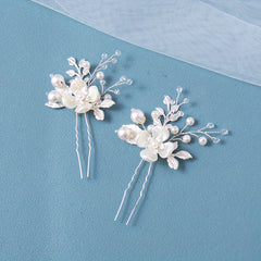2pcs Leaf Faux Pearl Crystal Hairpin for Wedding Bridal Hair Access
