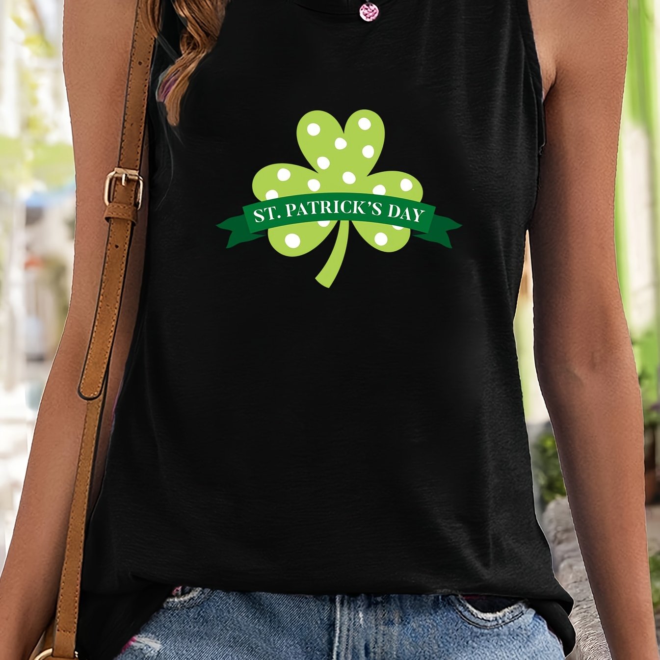 Leaf & Letter Print Sleeveless Sports Vest Round Neck Casual Top